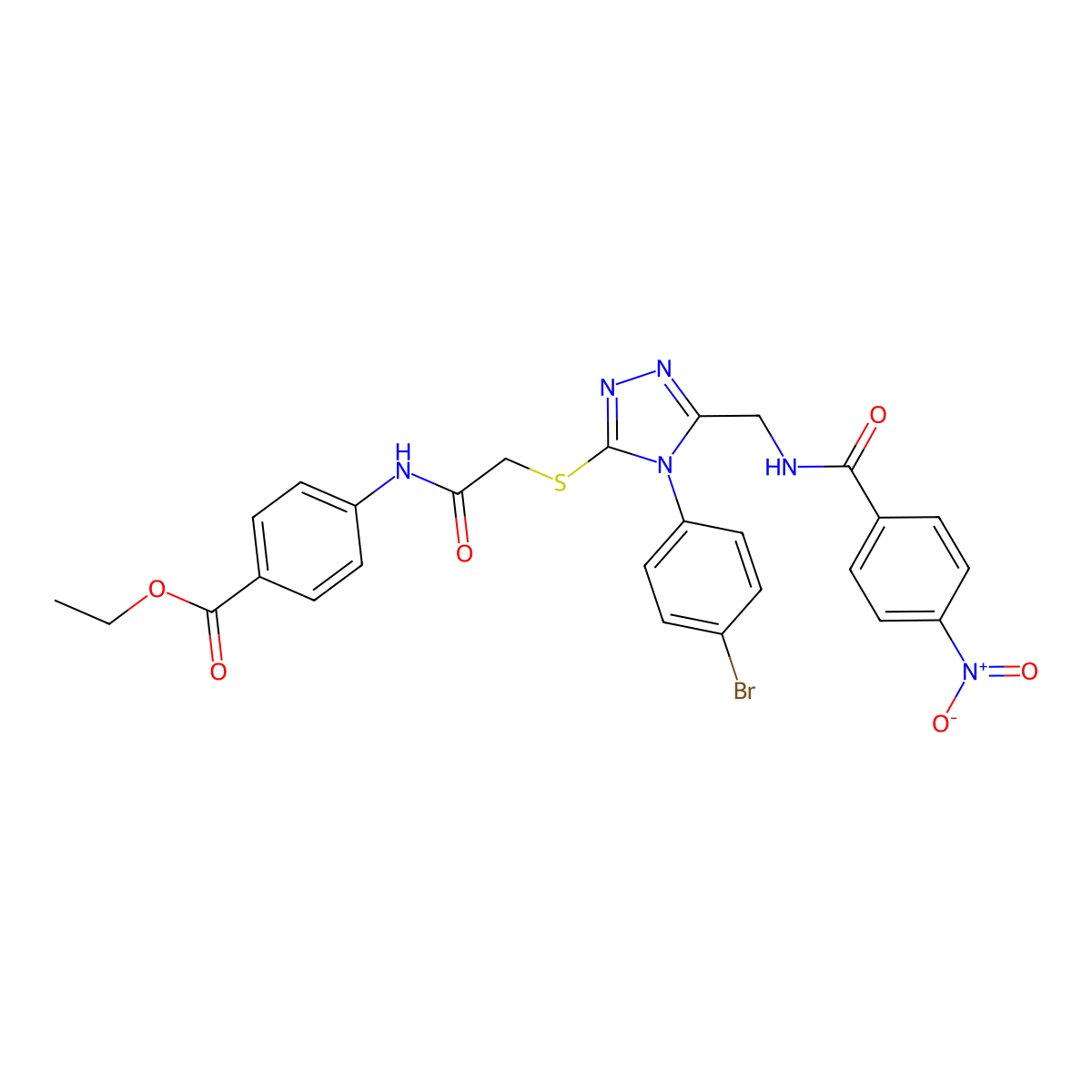 ethyl 4-(2-((4-(4-bromophenyl)-5-((4-nitrobenzamido)methyl)-4H-1,2,4-triazol-3-yl)thio)acetamido)benzoate molecular structure, CAS 394662-30-7