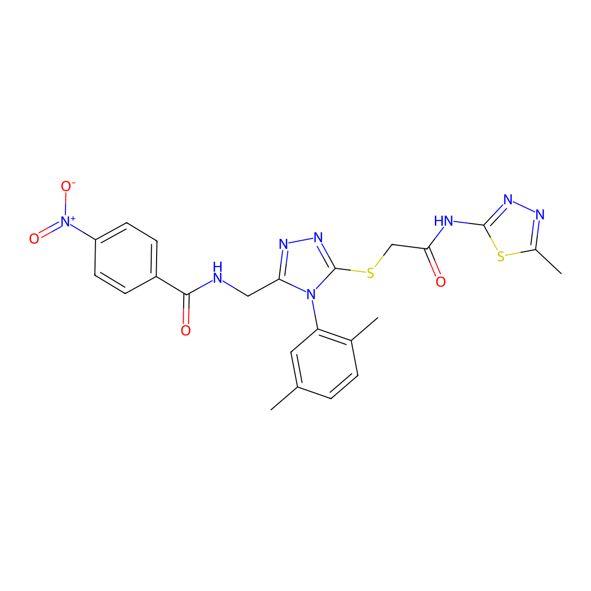 N-((4-(2,5-dimethylphenyl)-5-((2-((5-methyl-1,3,4-thiadiazol-2-yl)amino)-2-oxoethyl)thio)-4H-1,2,4-triazol-3-yl)methyl)-4-nitrobenzamide molecular structure, CAS 394662-94-3