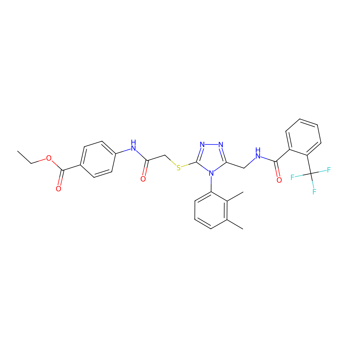 ethyl 4-(2-((4-(2,3-dimethylphenyl)-5-((2-(trifluoromethyl)benzamido)methyl)-4H-1,2,4-triazol-3-yl)thio)acetamido)benzoate molecular structure, CAS 394663-40-2