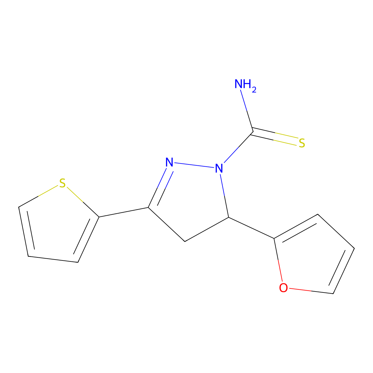 5-(furan-2-yl)-3-(thiophen-2-yl)-4,5-dihydro-1H-pyrazole-1-carbothioamide molecular structure, CAS 394682-37-2