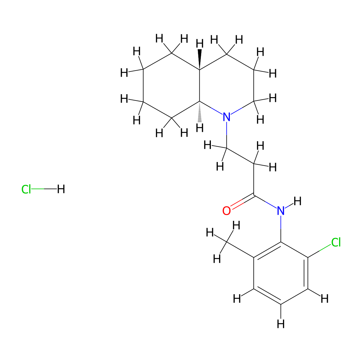 1(2H)-Quinolinepropanamide, N-(2-chloro-6-methylphenyl)octahydro-, monohydrochloride, trans- molecular structure, CAS 39489-94-6