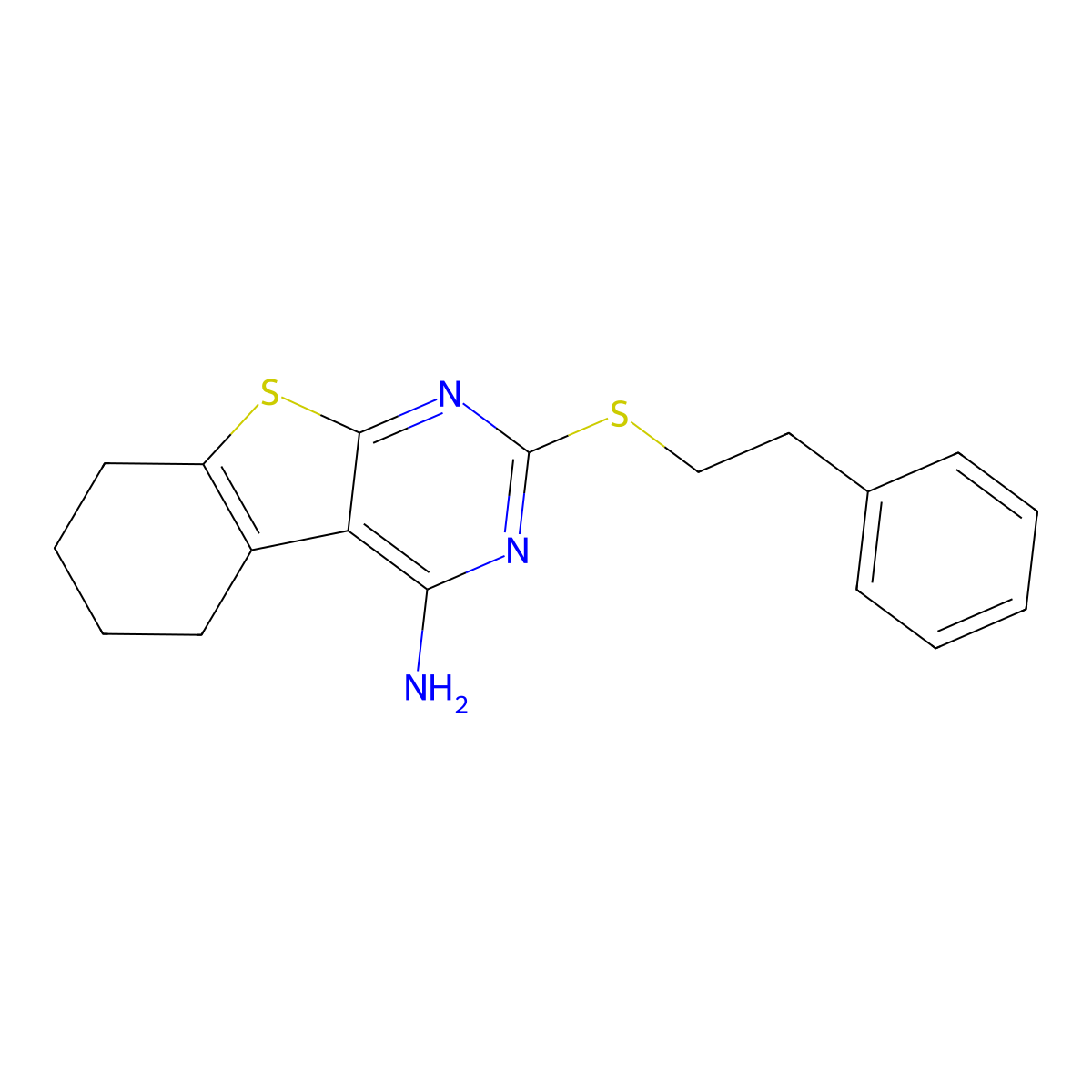 2-Phenethylsulfanyl-5,6,7,8-tetrahydrobenzo[4,5]thieno[2,3-d]pyrimidin-4-ylamine molecular structure, CAS 395081-31-9