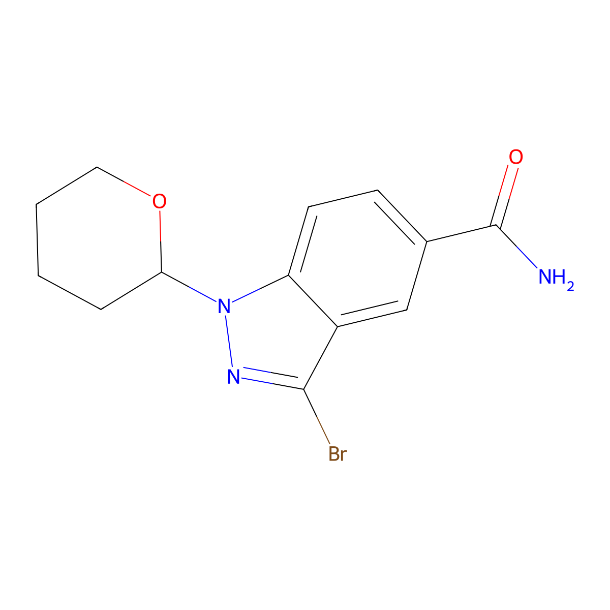 3-bromo-1-(tetrahydro-2H-pyran-2-yl)-1H-indazole-5-carboxamide molecular structure, CAS 395101-84-5