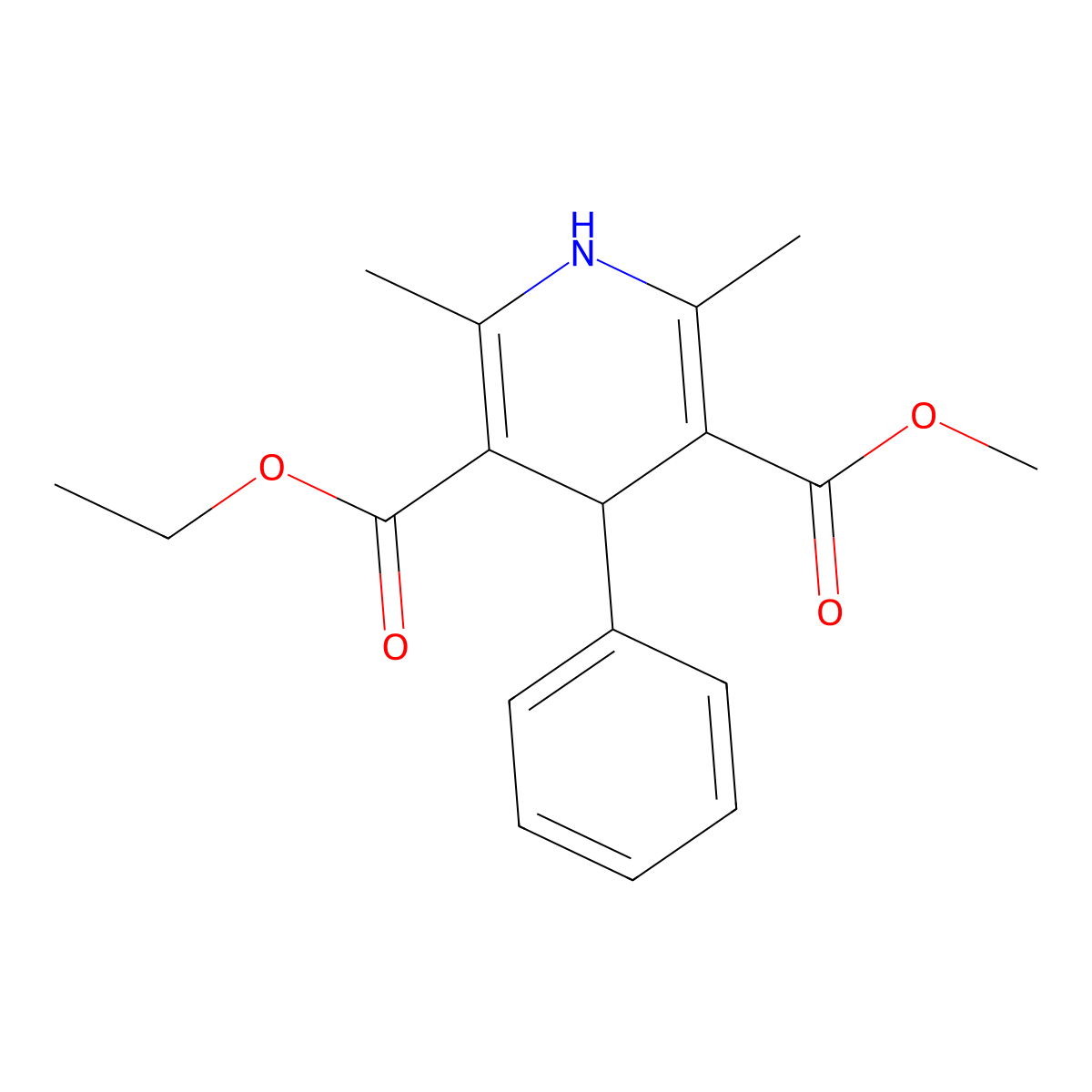 Ethyl methyl 2,6-dimethyl-4-phenyl-1,4-dihydropyridine-3,5-dicarboxylate molecular structure, CAS 39562-02-2