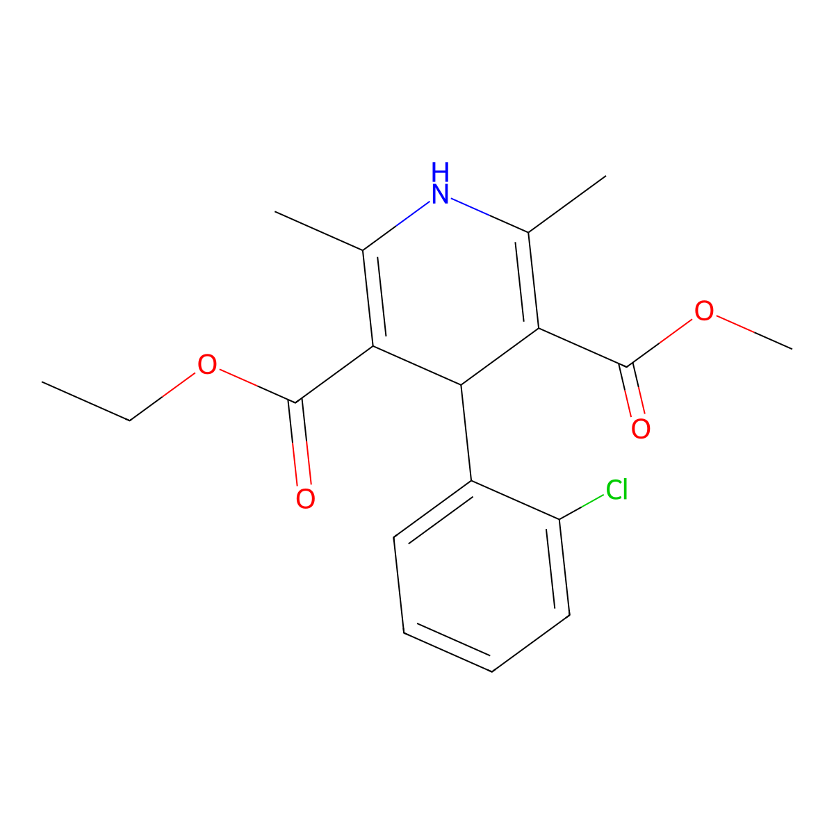 3-Ethyl 5-methyl 4-(2-chlorophenyl)-2,6-dimethyl-1,4-dihydropyridine-3,5-dicarboxylate molecular structure, CAS 39562-06-6