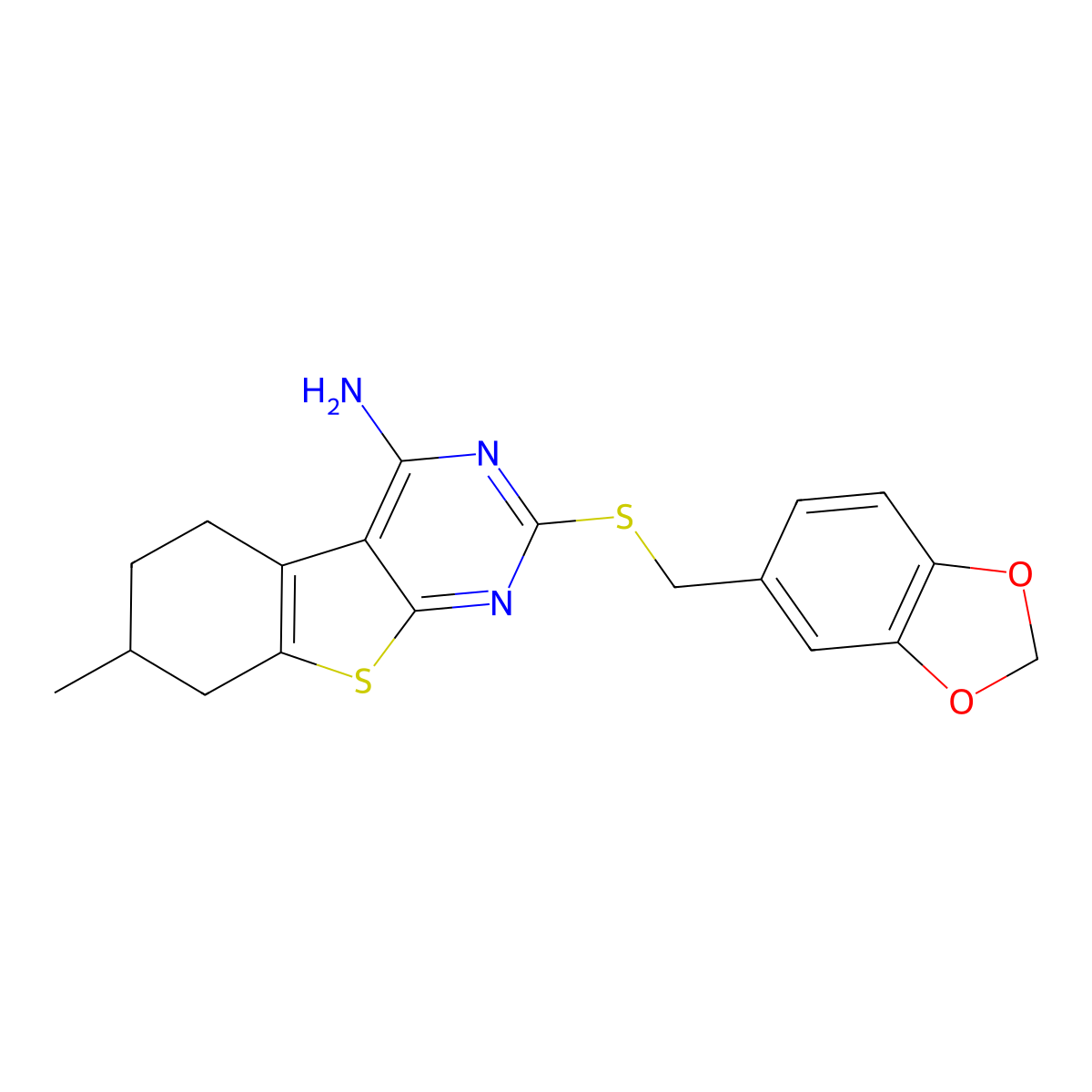 2-(1,3-Benzodioxol-5-ylmethylsulfanyl)-7-methyl-5,6,7,8-tetrahydro-[1]benzothiolo[2,3-d]pyrimidin-4-amine molecular structure, CAS 396101-73-8