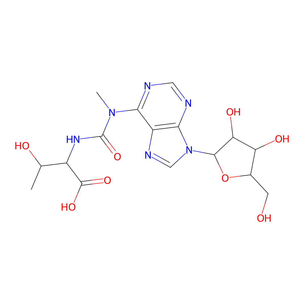 N-(N'-Methyl-N-(9 beta-D-ribofuranosylpurin-6-yl)carbamyl)threonine molecular structure, CAS 39667-81-7