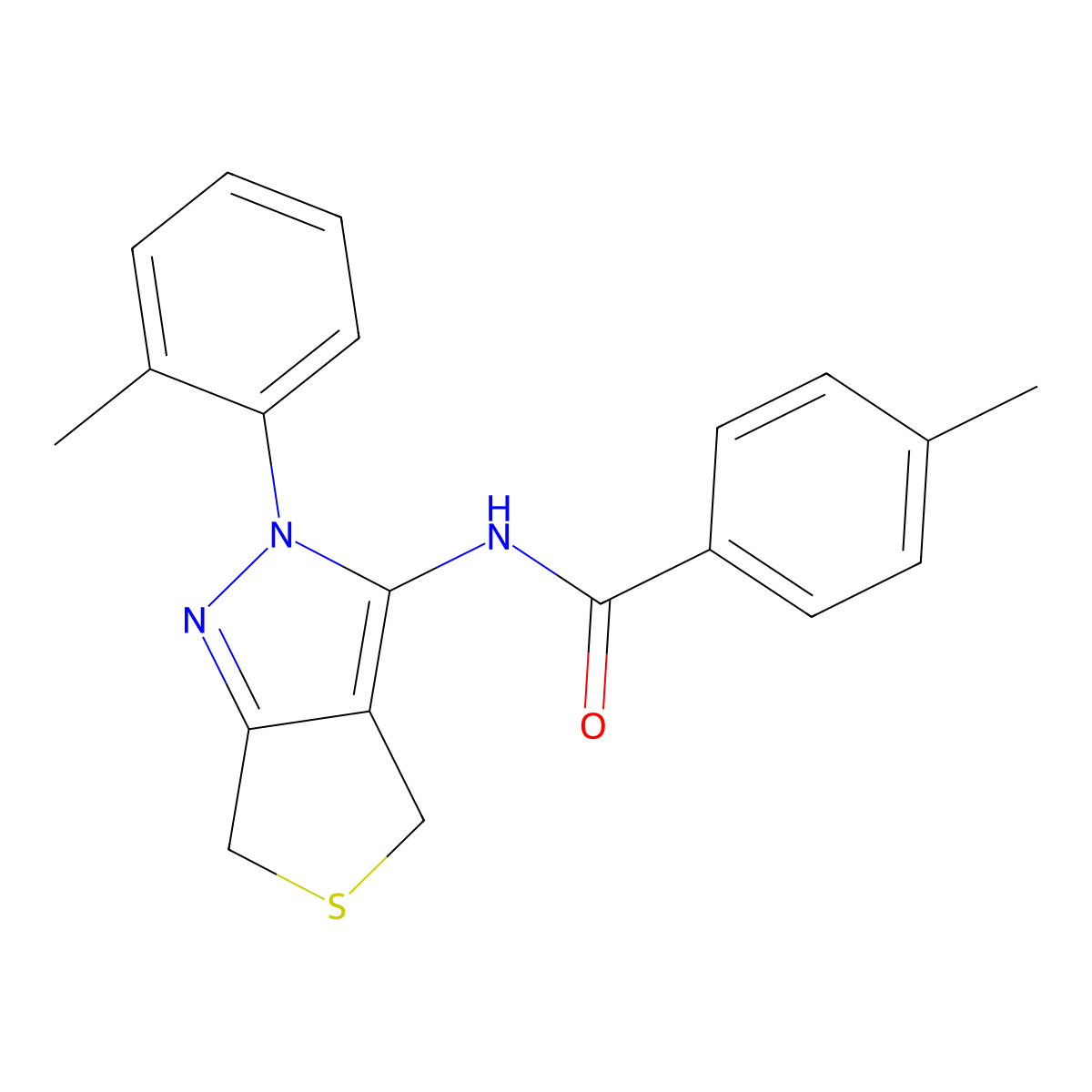 4-methyl-N-(2-(o-tolyl)-4,6-dihydro-2H-thieno[3,4-c]pyrazol-3-yl)benzamide molecular structure, CAS 396719-87-2