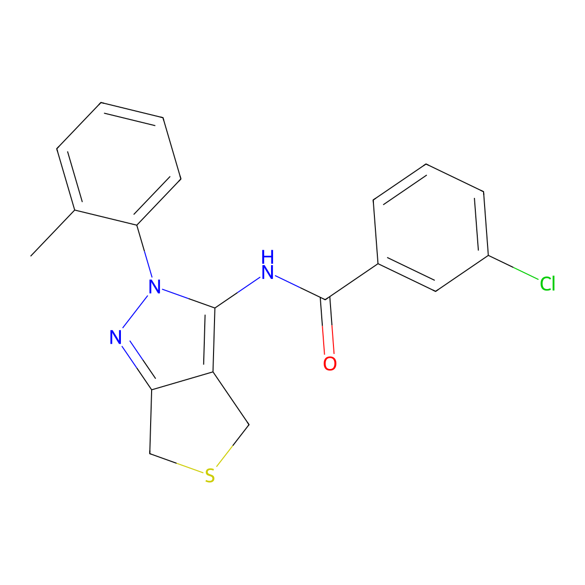 3-chloro-N-(2-(o-tolyl)-4,6-dihydro-2H-thieno[3,4-c]pyrazol-3-yl)benzamide molecular structure, CAS 396719-99-6