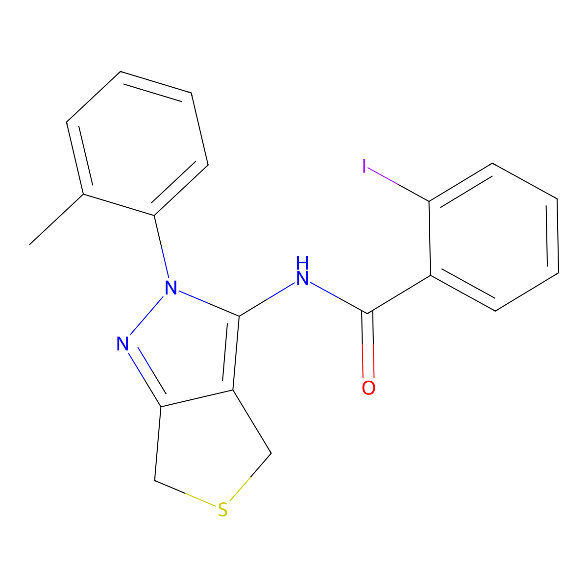2-iodo-N-[2-(2-methylphenyl)-4,6-dihydrothieno[3,4-c]pyrazol-3-yl]benzamide molecular structure, CAS 396720-44-8