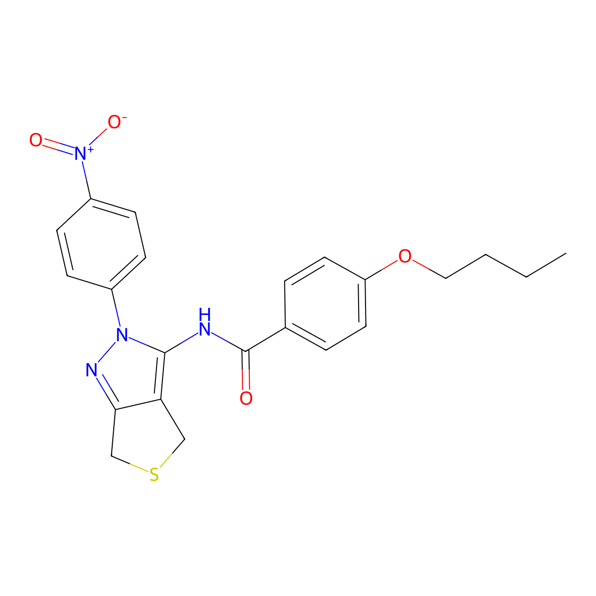 4-butoxy-N-(2-(4-nitrophenyl)-4,6-dihydro-2H-thieno[3,4-c]pyrazol-3-yl)benzamide molecular structure, CAS 396720-88-0