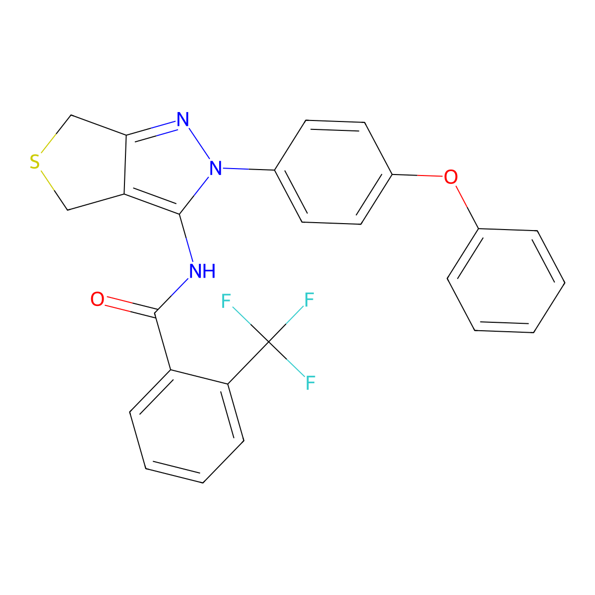 N-(2-(4-phenoxyphenyl)-4,6-dihydro-2H-thieno[3,4-c]pyrazol-3-yl)-2-(trifluoromethyl)benzamide molecular structure, CAS 396721-13-4