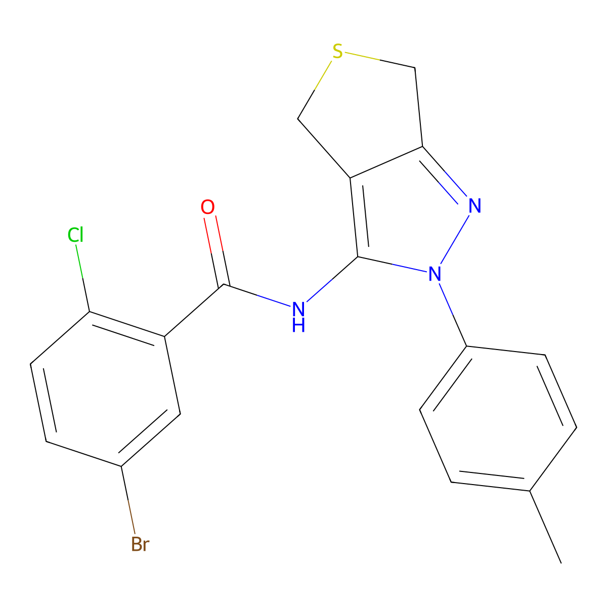 5-bromo-2-chloro-N-(2-(p-tolyl)-4,6-dihydro-2H-thieno[3,4-c]pyrazol-3-yl)benzamide molecular structure, CAS 396721-55-4