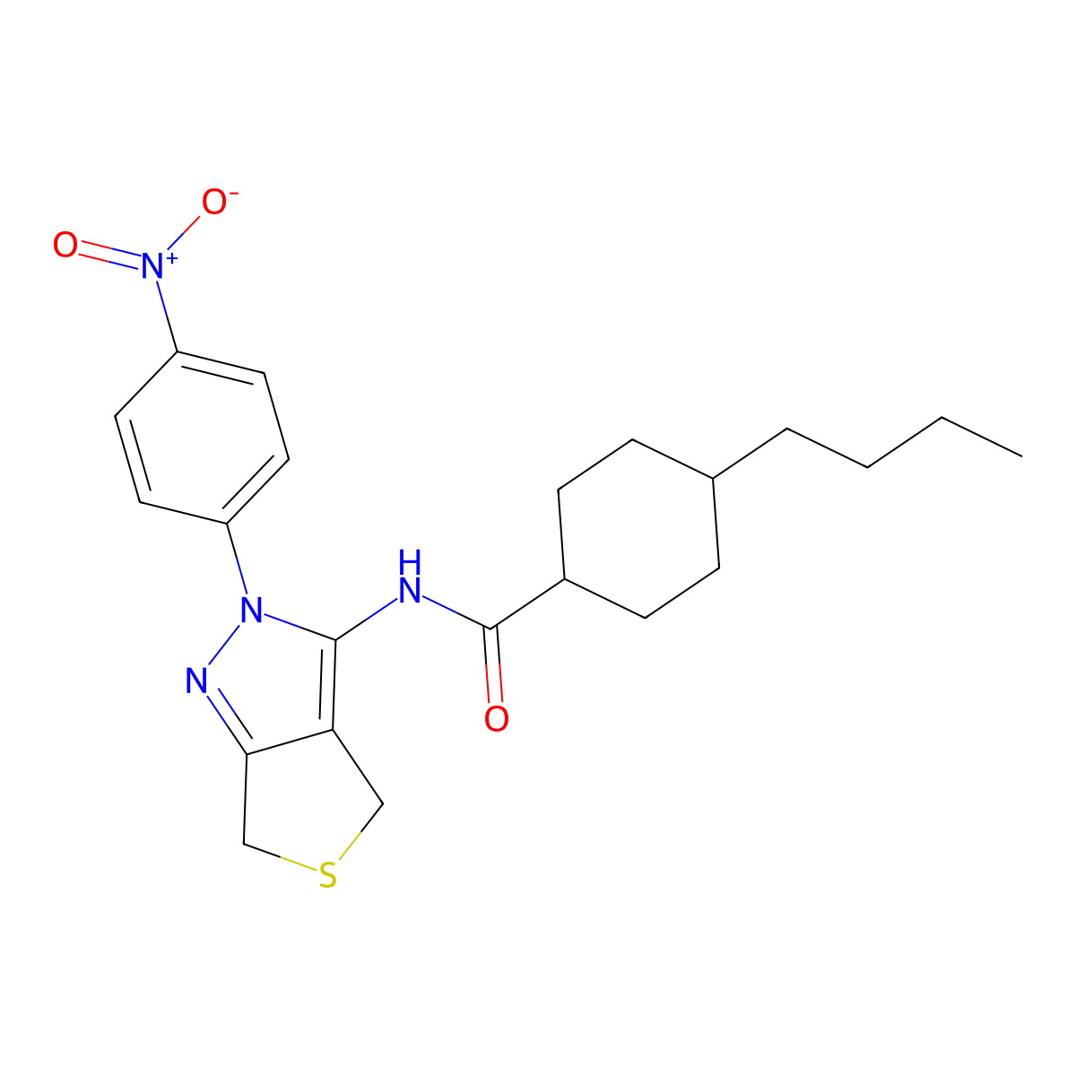 4-butyl-N-(2-(4-nitrophenyl)-4,6-dihydro-2H-thieno[3,4-c]pyrazol-3-yl)cyclohexanecarboxamide molecular structure, CAS 396724-07-5