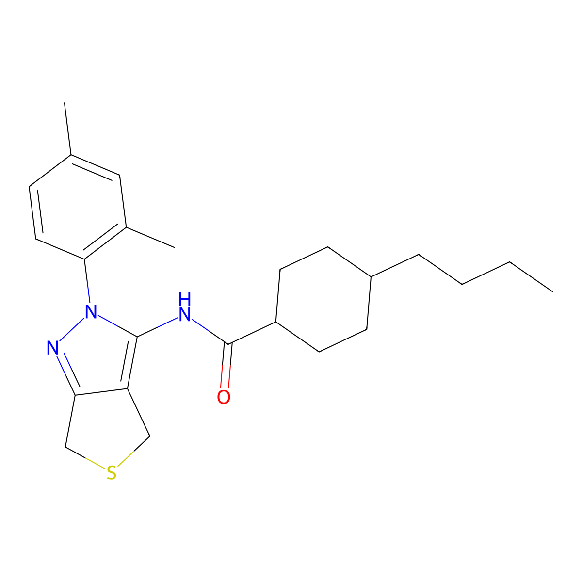 4-butyl-N-(2-(2,4-dimethylphenyl)-4,6-dihydro-2H-thieno[3,4-c]pyrazol-3-yl)cyclohexanecarboxamide molecular structure, CAS 396724-08-6