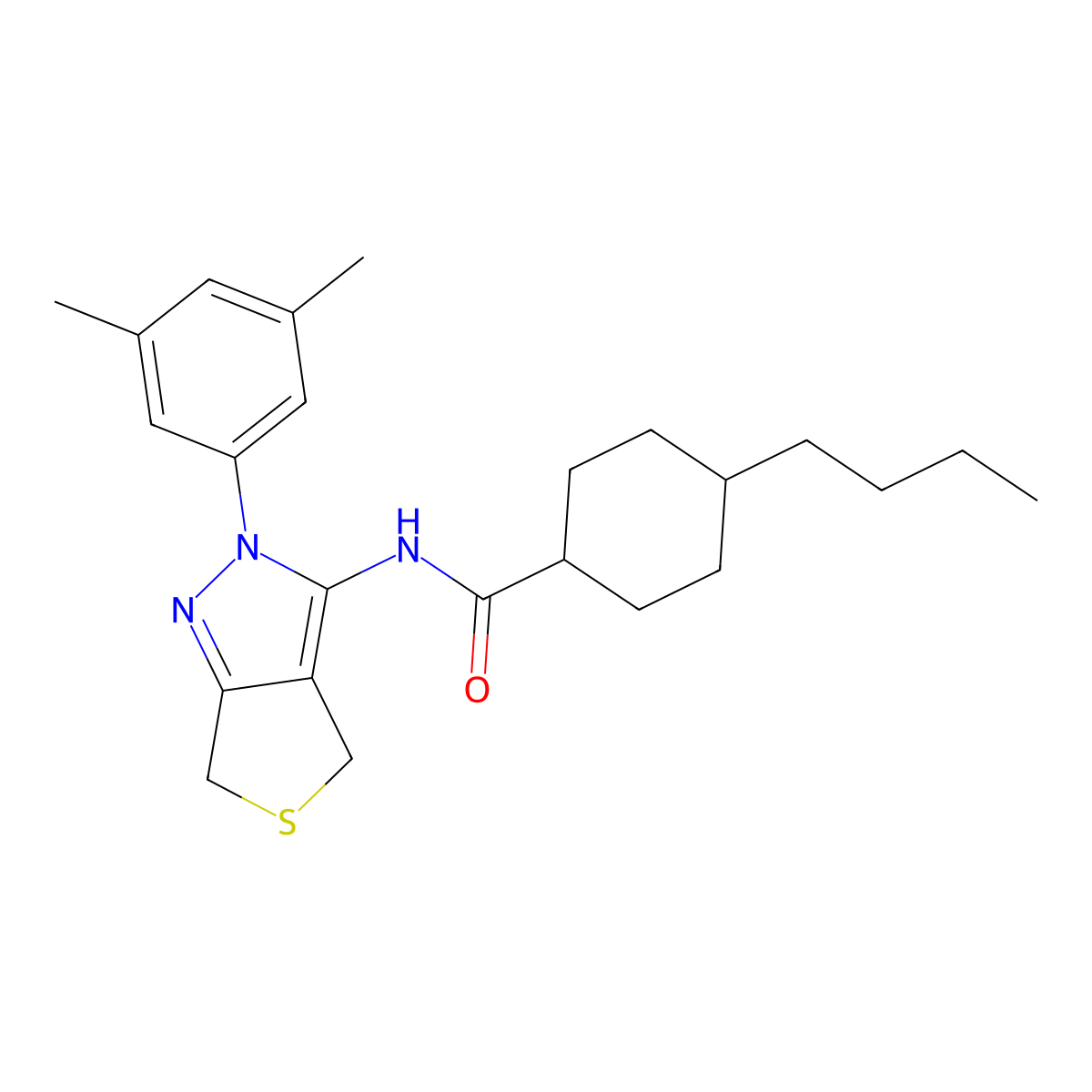 4-butyl-N-(2-(3,5-dimethylphenyl)-4,6-dihydro-2H-thieno[3,4-c]pyrazol-3-yl)cyclohexanecarboxamide molecular structure, CAS 396724-09-7