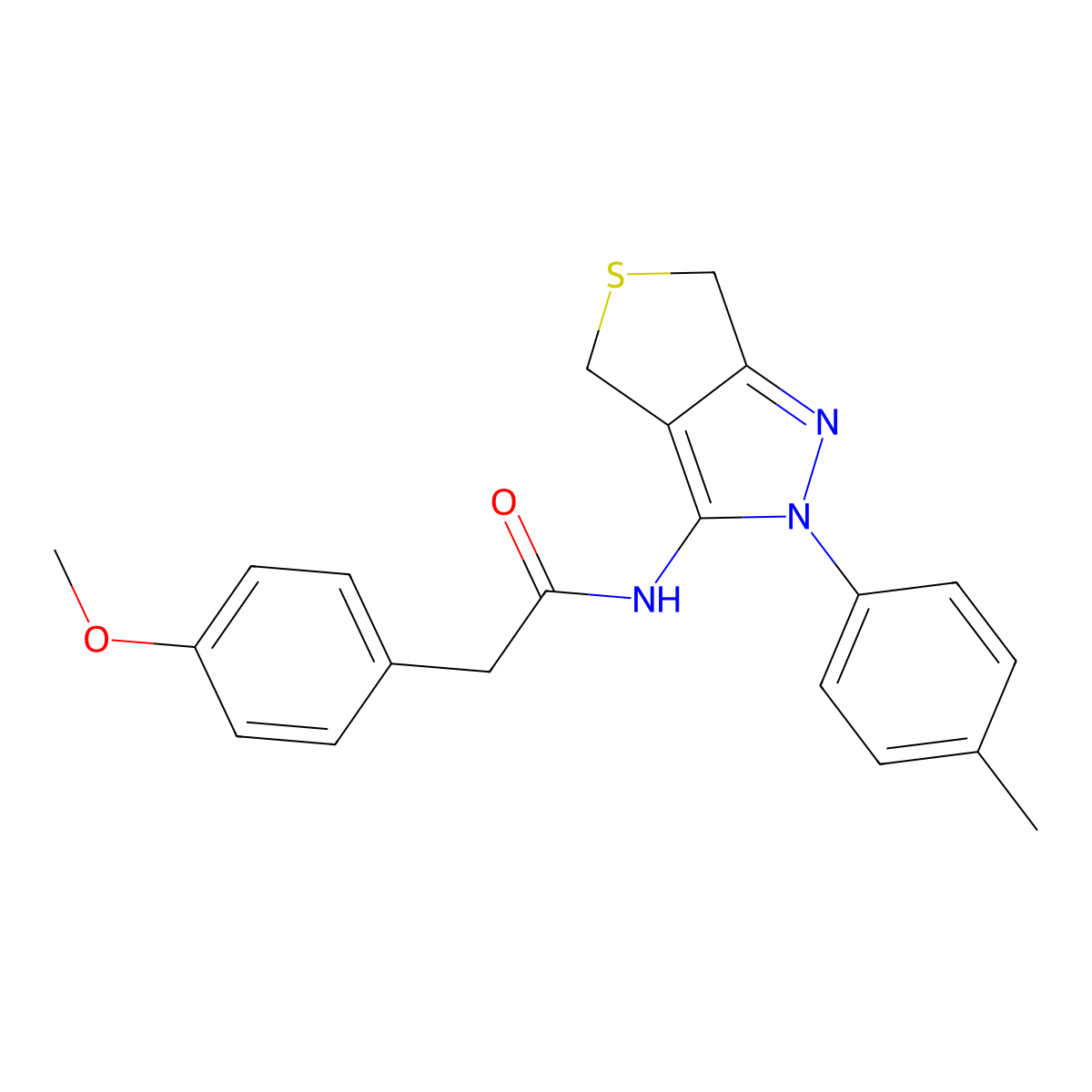 2-(4-methoxyphenyl)-N-(2-(p-tolyl)-4,6-dihydro-2H-thieno[3,4-c]pyrazol-3-yl)acetamide molecular structure, CAS 396724-43-9