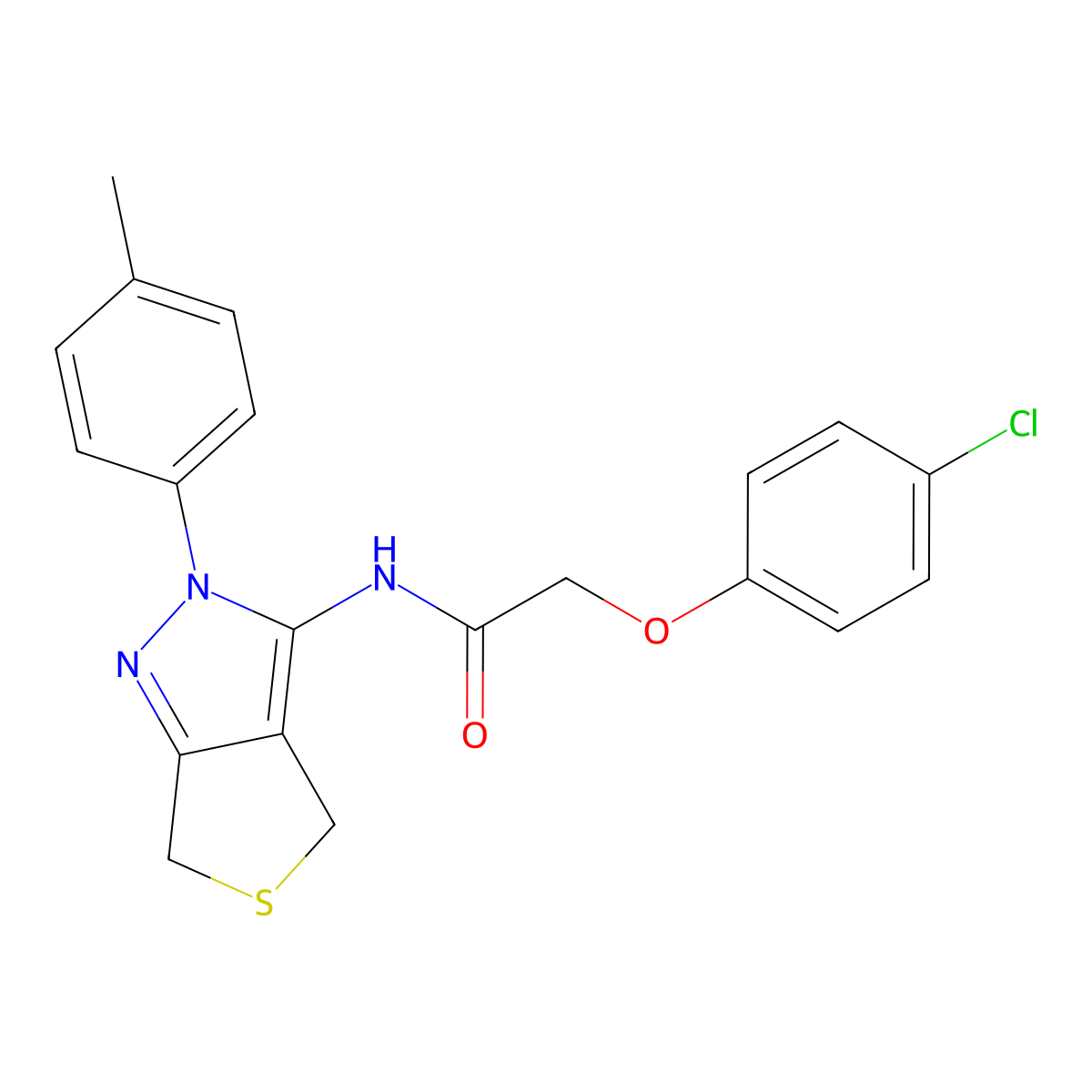 2-(4-chlorophenoxy)-N-[2-(4-methylphenyl)-4,6-dihydrothieno[3,4-c]pyrazol-3-yl]acetamide molecular structure, CAS 396724-47-3