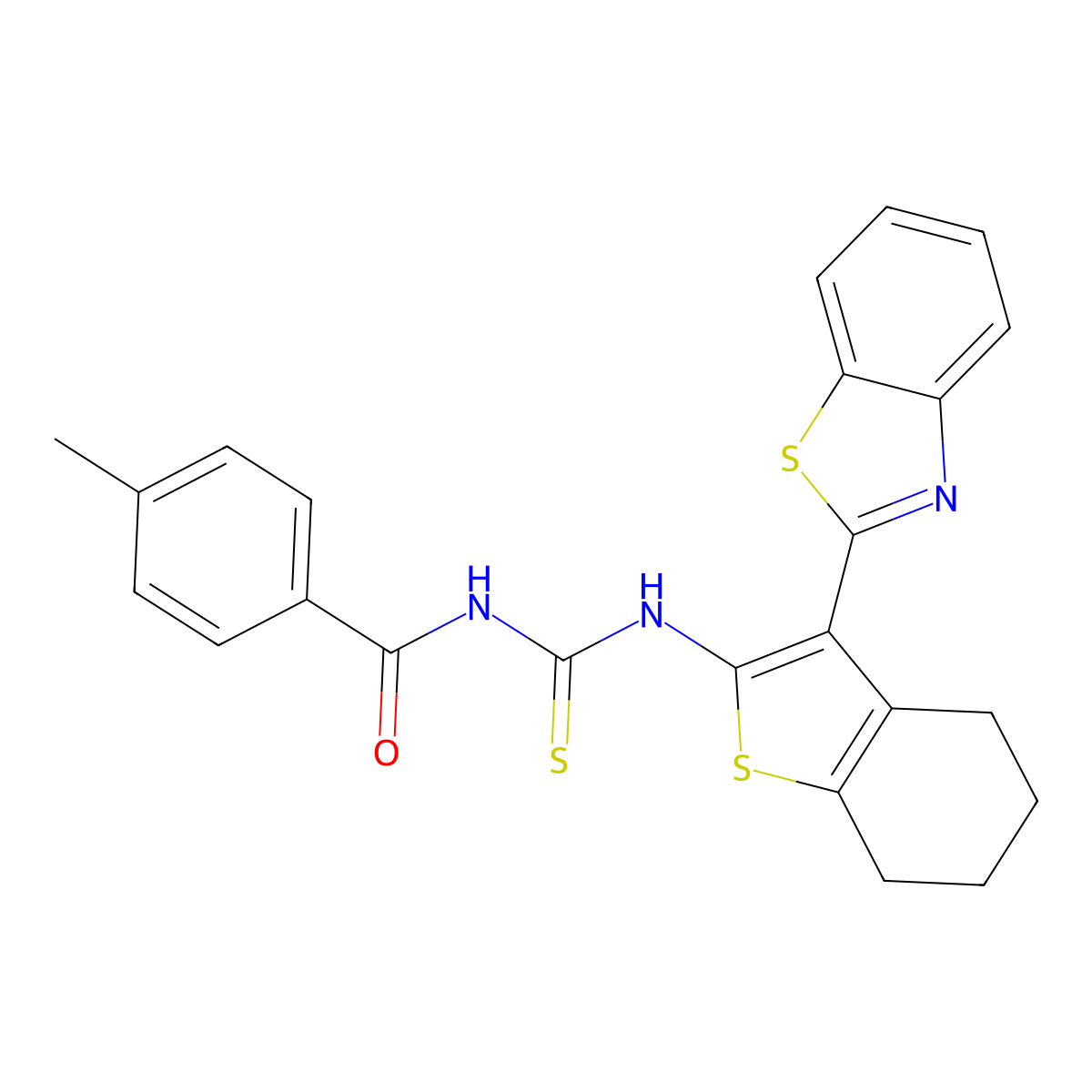N-((3-(benzo[d]thiazol-2-yl)-4,5,6,7-tetrahydrobenzo[b]thiophen-2-yl)carbamothioyl)-4-methylbenzamide molecular structure, CAS 396724-81-5