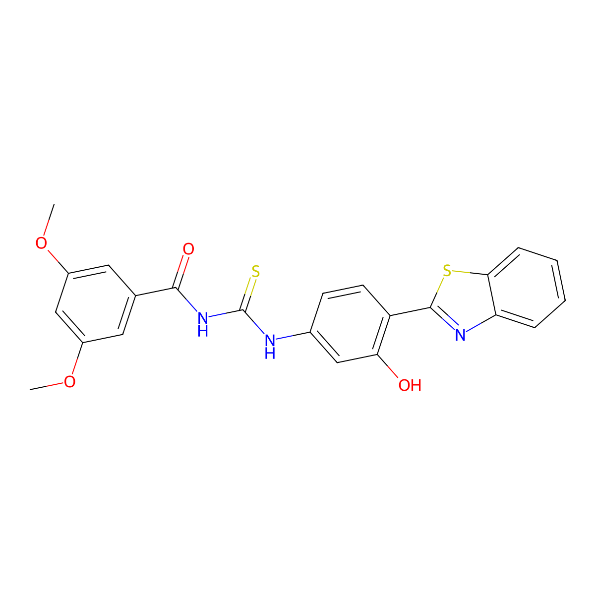 N-((4-(benzo[d]thiazol-2-yl)-3-hydroxyphenyl)carbamothioyl)-3,5-dimethoxybenzamide molecular structure, CAS 396724-85-9