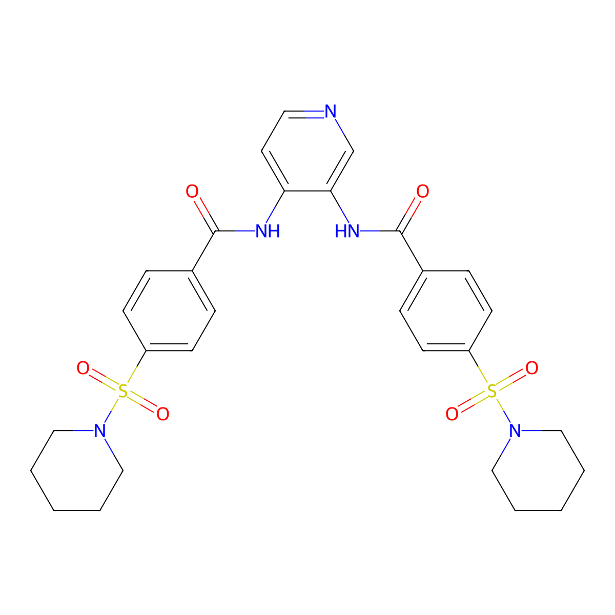 4-piperidin-1-ylsulfonyl-N-[3-[(4-piperidin-1-ylsulfonylbenzoyl)amino]pyridin-4-yl]benzamide molecular structure, CAS 396724-88-2