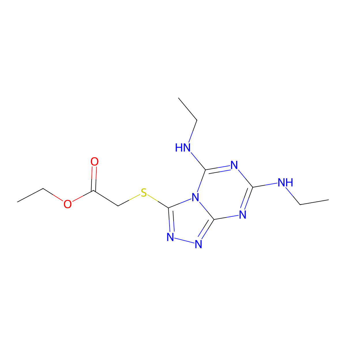 Ethyl 2-((5,7-bis(ethylamino)-[1,2,4]triazolo[4,3-a][1,3,5]triazin-3-yl)thio)acetate molecular structure, CAS 397266-64-7