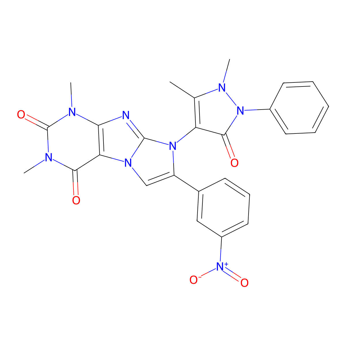 8-(1,5-dimethyl-3-oxo-2-phenyl-2,3-dihydro-1H-pyrazol-4-yl)-1,3-dimethyl-7-(3-nitrophenyl)-1H-imidazo[2,1-f]purine-2,4(3H,8H)-dione molecular structure, CAS 397275-54-6