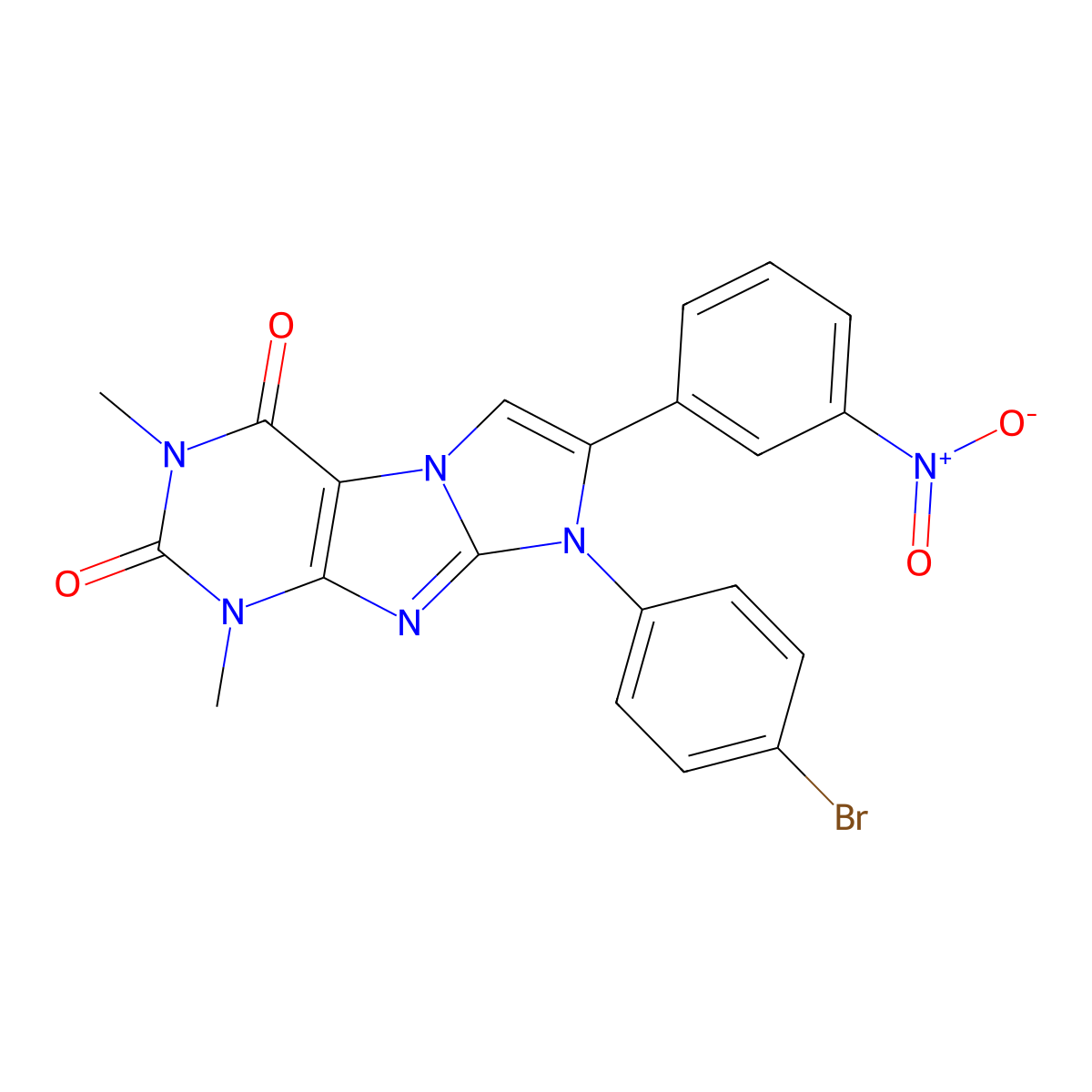 8-(4-bromophenyl)-1,3-dimethyl-7-(3-nitrophenyl)-1H-imidazo[2,1-f]purine-2,4(3H,8H)-dione molecular structure, CAS 397275-58-0