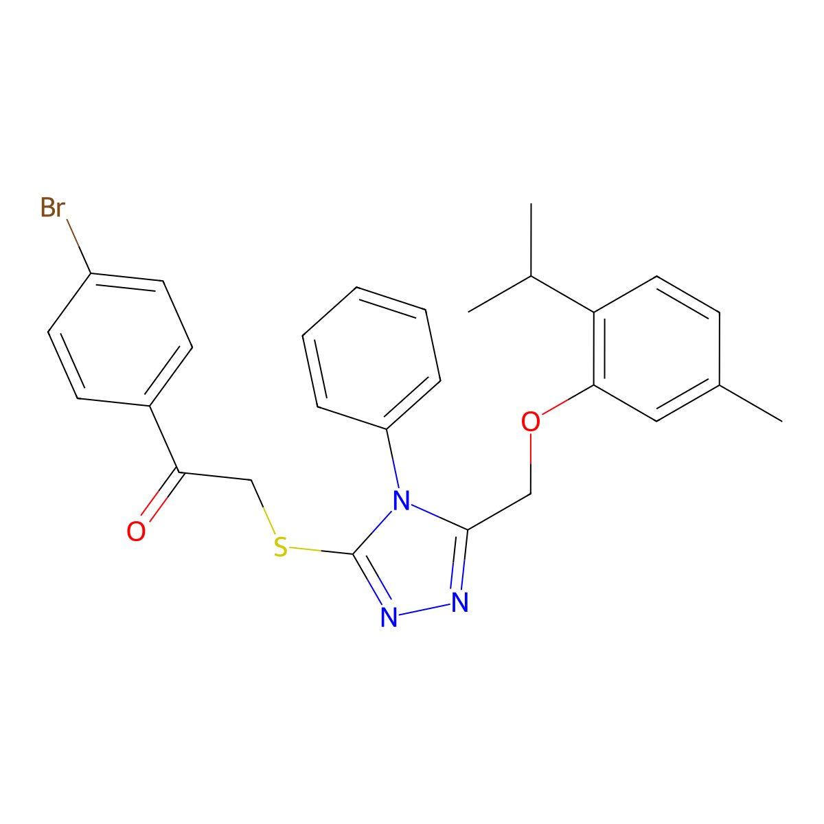 1-(4-bromophenyl)-2-((5-((2-isopropyl-5-methylphenoxy)methyl)-4-phenyl-4H-1,2,4-triazol-3-yl)thio)ethanone molecular structure, CAS 397276-25-4