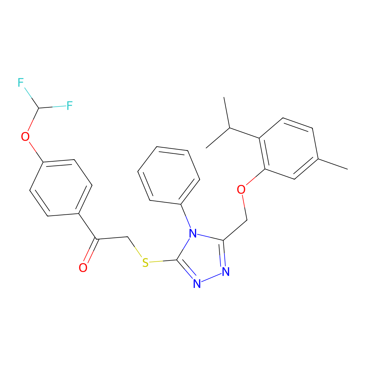 1-(4-(difluoromethoxy)phenyl)-2-((5-((2-isopropyl-5-methylphenoxy)methyl)-4-phenyl-4H-1,2,4-triazol-3-yl)thio)ethanone molecular structure, CAS 397276-34-5