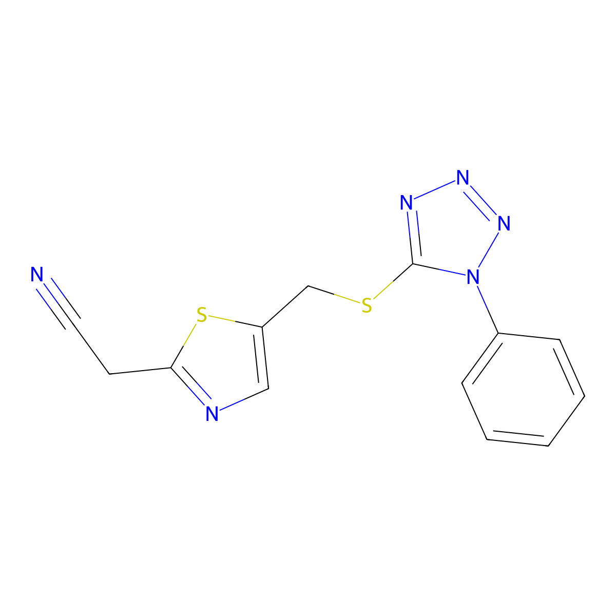 2-(5-(((1-phenyl-1H-tetrazol-5-yl)thio)methyl)thiazol-2-yl)acetonitrile molecular structure, CAS 397276-50-5