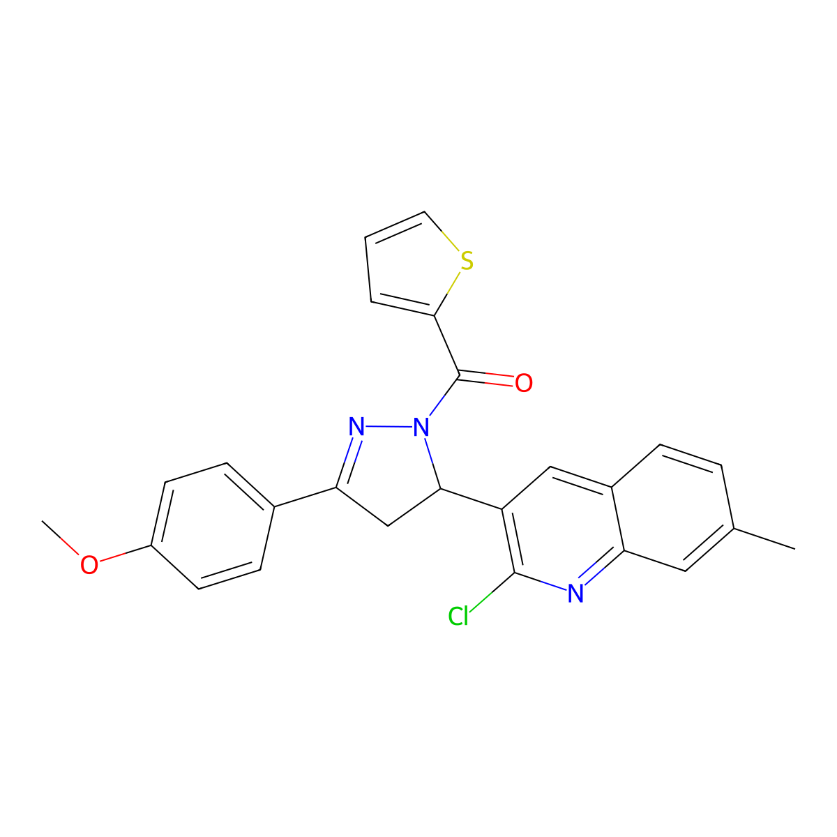 (5-(2-chloro-7-methylquinolin-3-yl)-3-(4-methoxyphenyl)-4,5-dihydro-1H-pyrazol-1-yl)(thiophen-2-yl)methanone molecular structure, CAS 397276-78-7