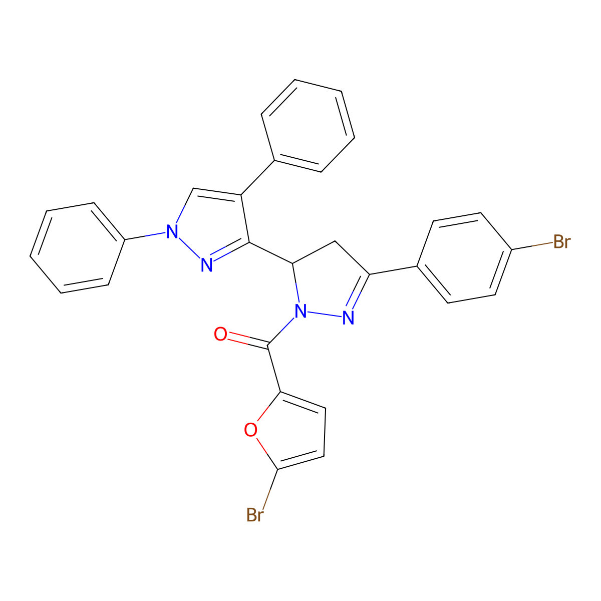 (5-Bromofuran-2-yl)-[5-(4-bromophenyl)-3-(1,4-diphenylpyrazol-3-yl)-3,4-dihydropyrazol-2-yl]methanone molecular structure, CAS 397277-74-6