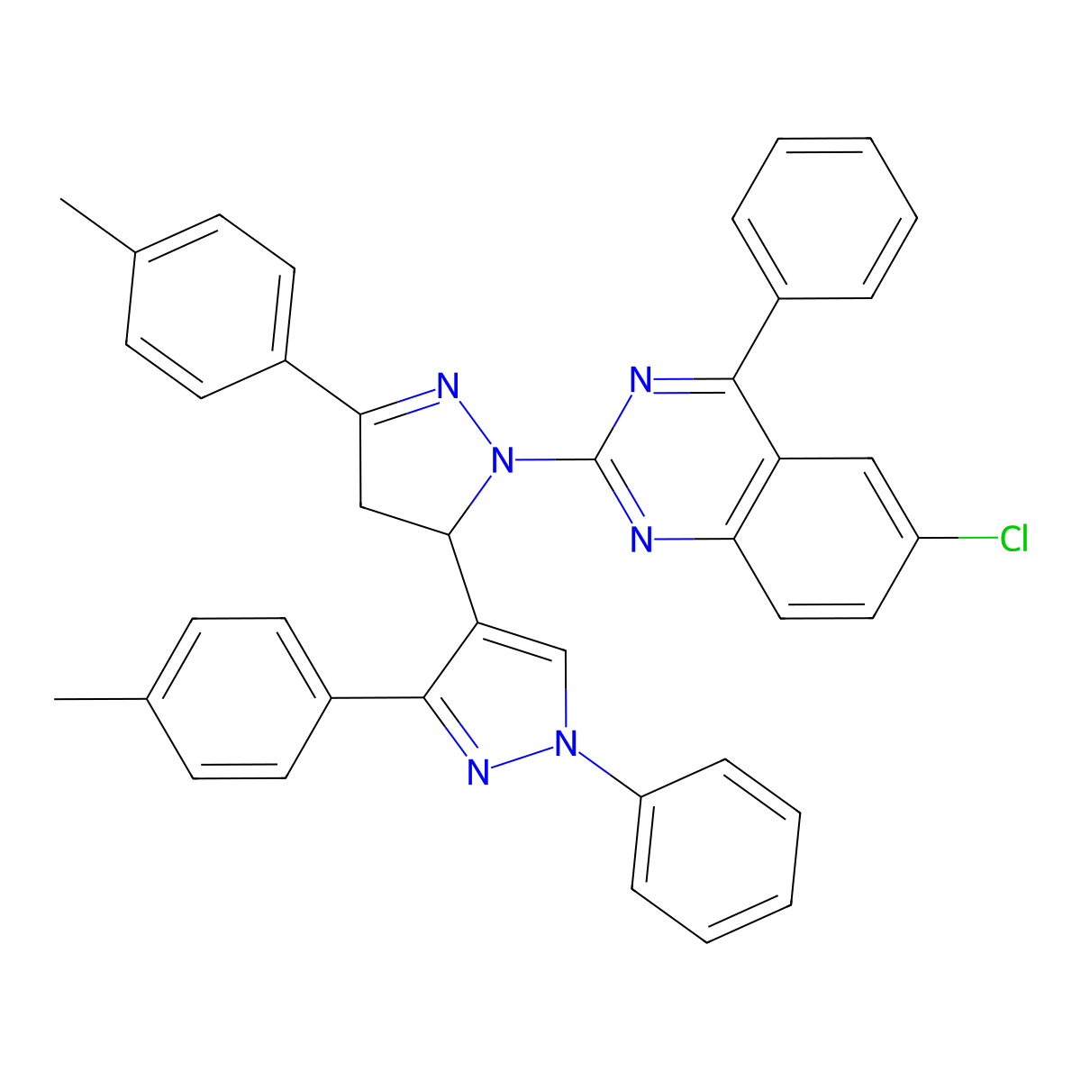 6-chloro-4-phenyl-2-(1'-phenyl-3',5-di-p-tolyl-3,4-dihydro-1'H,2H-[3,4'-bipyrazol]-2-yl)quinazoline molecular structure, CAS 397278-58-9