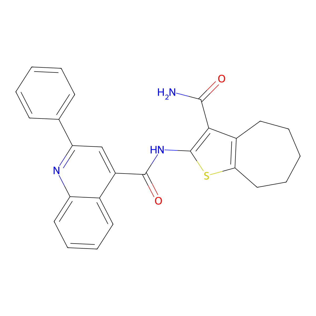 N-(3-carbamoyl-5,6,7,8-tetrahydro-4H-cyclohepta[b]thiophen-2-yl)-2-phenylquinoline-4-carboxamide molecular structure, CAS 397279-58-2