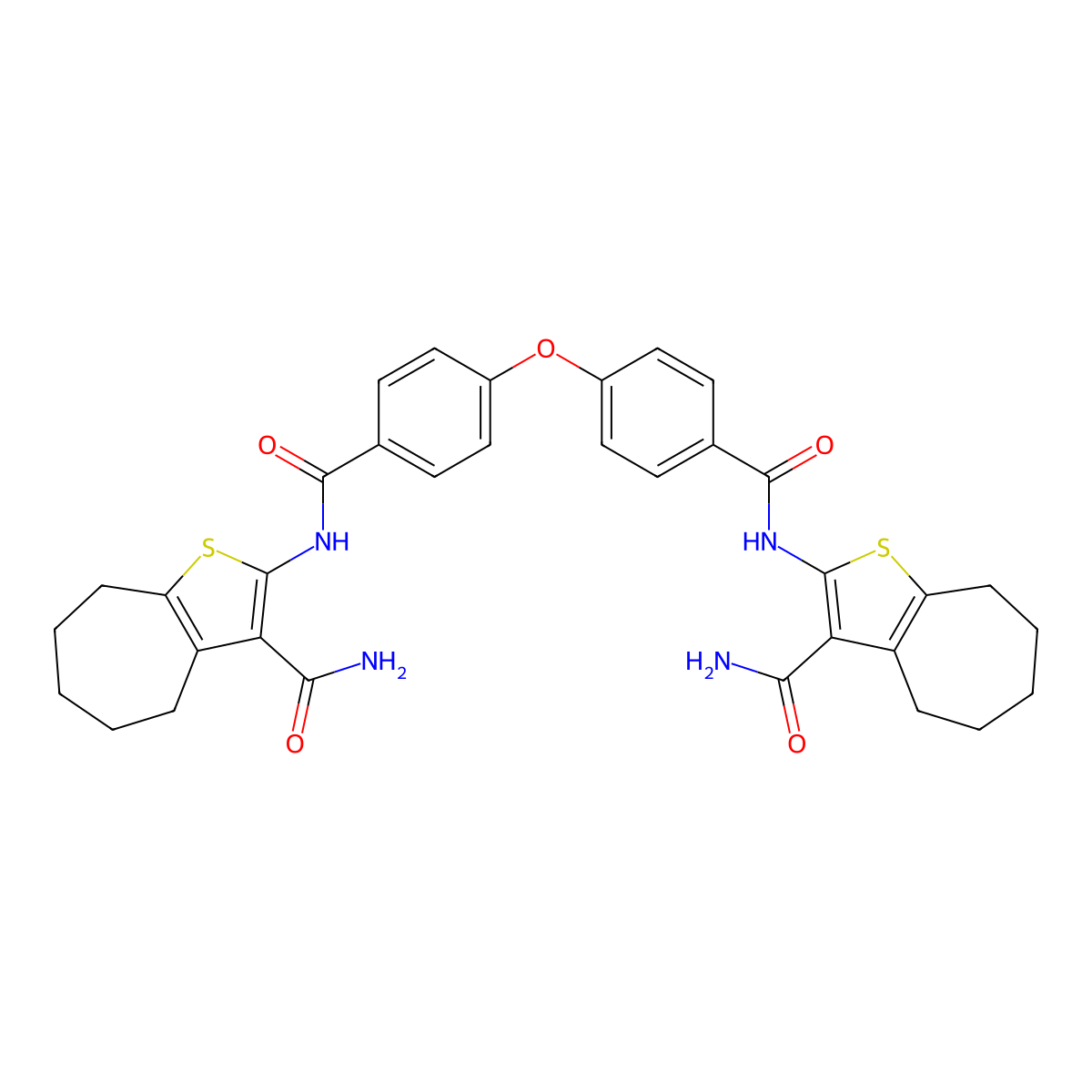 2-[[4-[4-[(3-carbamoyl-5,6,7,8-tetrahydro-4H-cyclohepta[b]thiophen-2-yl)carbamoyl]phenoxy]benzoyl]amino]-5,6,7,8-tetrahydro-4H-cyclohepta[b]thiophene-3-carboxamide molecular structure, CAS 397279-67-3