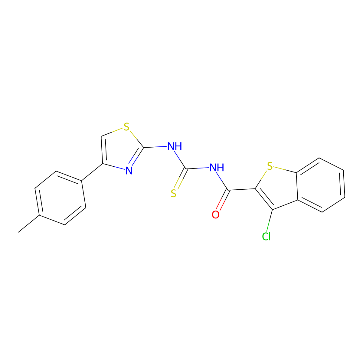 3-chloro-N-((4-(p-tolyl)thiazol-2-yl)carbamothioyl)benzo[b]thiophene-2-carboxamide molecular structure, CAS 397279-73-1
