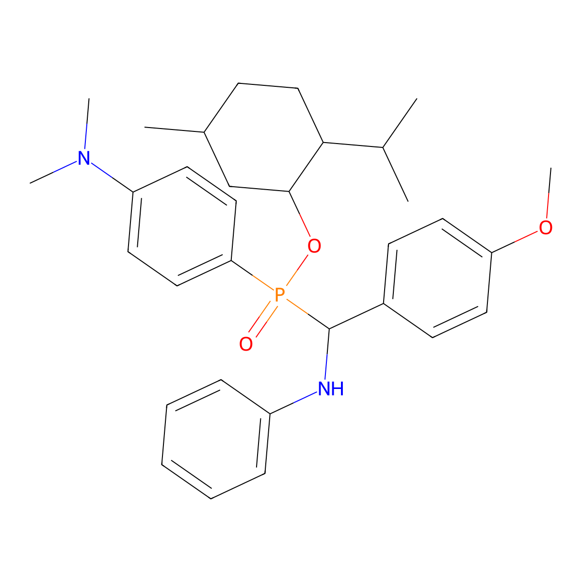 2-Isopropyl-5-methylcyclohexyl (4-(dimethylamino)phenyl)((4-methoxyphenyl)(phenylamino)methyl)phosphinate molecular structure, CAS 397282-53-0