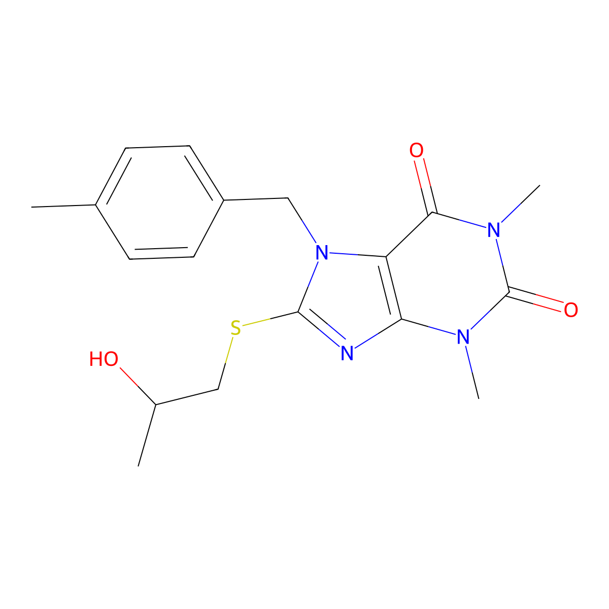 8-((2-Hydroxypropyl)sulfanyl)-1,3-dimethyl-7-(4-methylbenzyl)-3,7-dihydro-1H-purine-2,6-dione molecular structure, CAS 397282-86-9