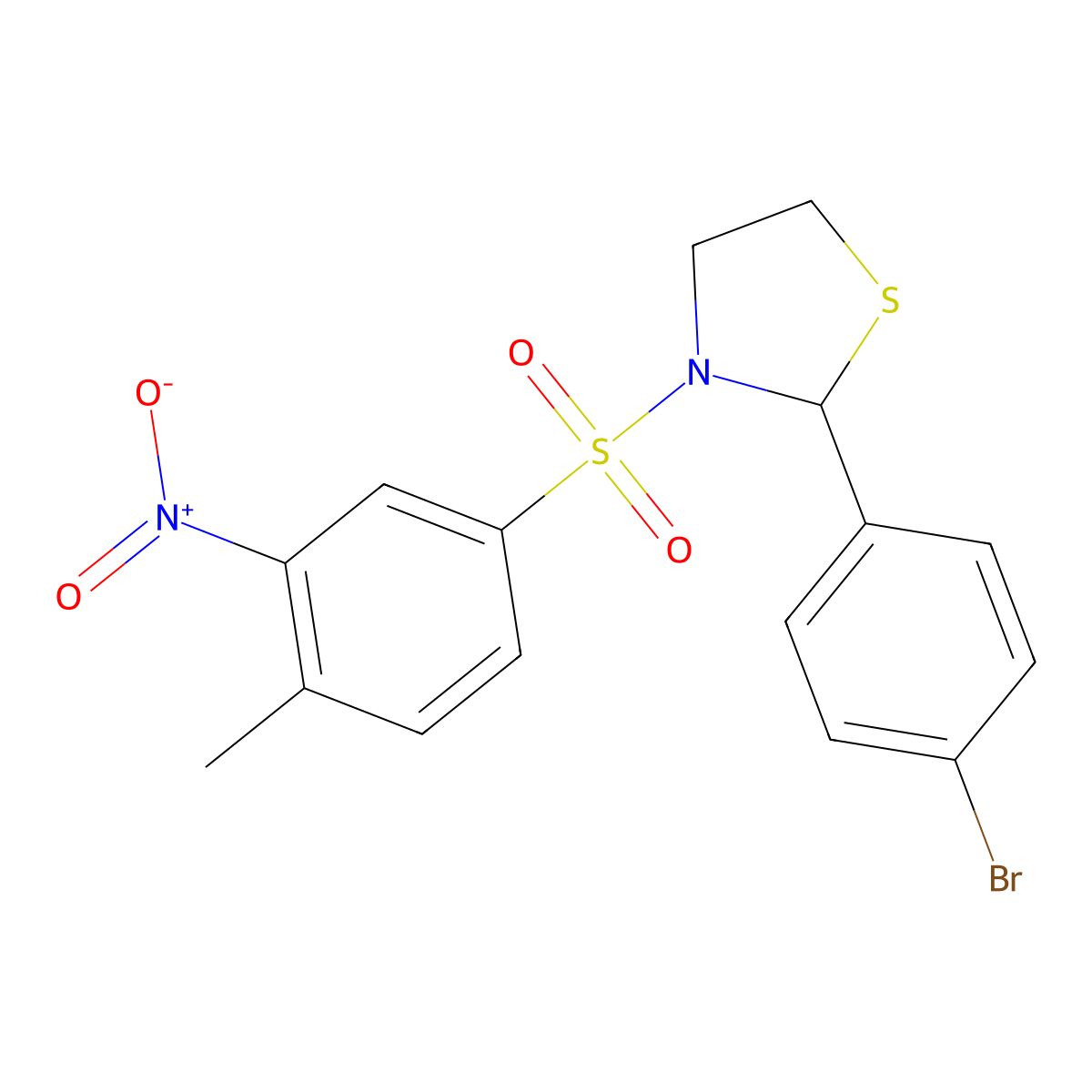 2-(4-Bromophenyl)-3-((4-methyl-3-nitrophenyl)sulfonyl)thiazolidine molecular structure, CAS 397284-47-8