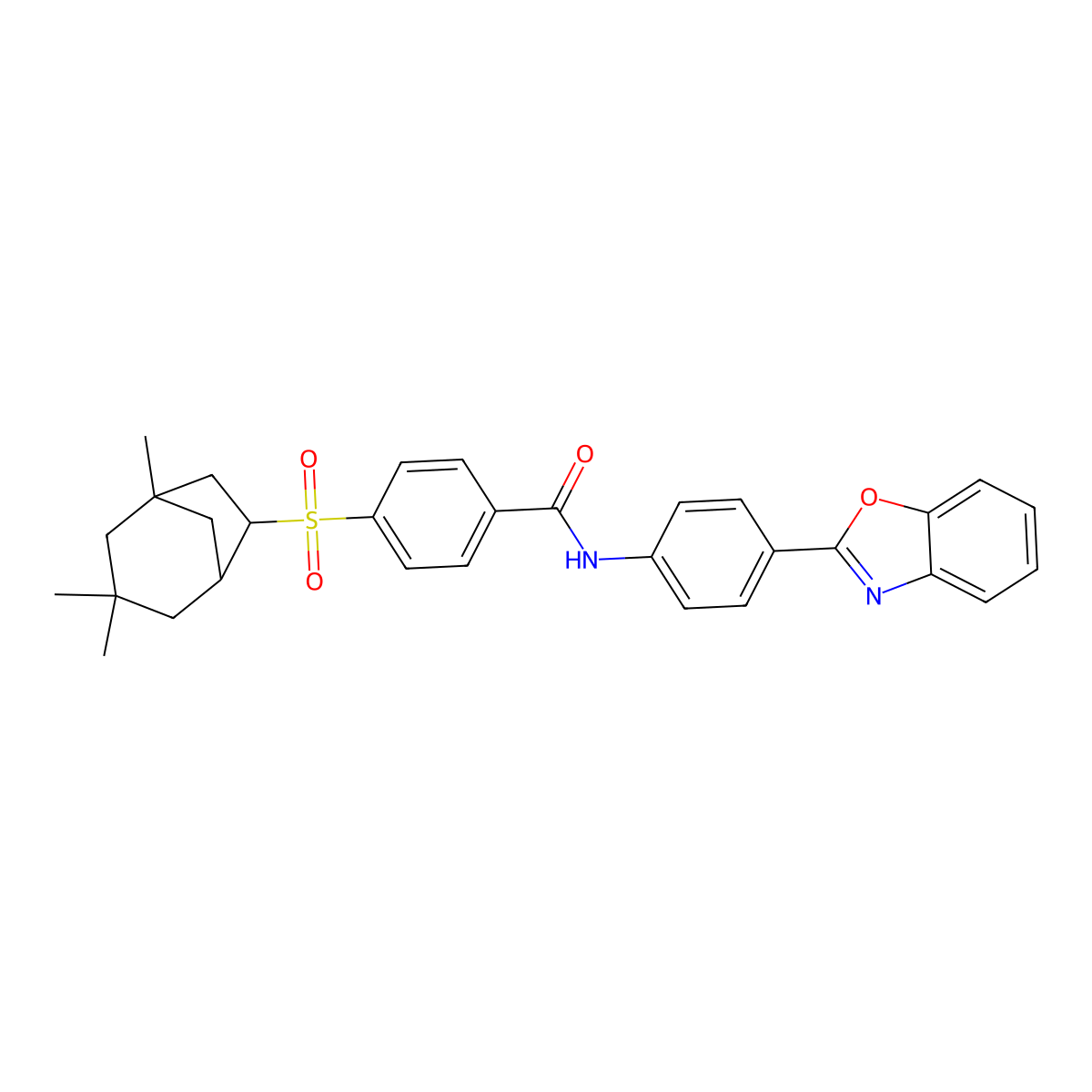 N-(4-(benzo[d]oxazol-2-yl)phenyl)-4-((1,3,3-trimethylbicyclo[3.2.1]octan-6-yl)sulfonyl)benzamide molecular structure, CAS 397288-41-4