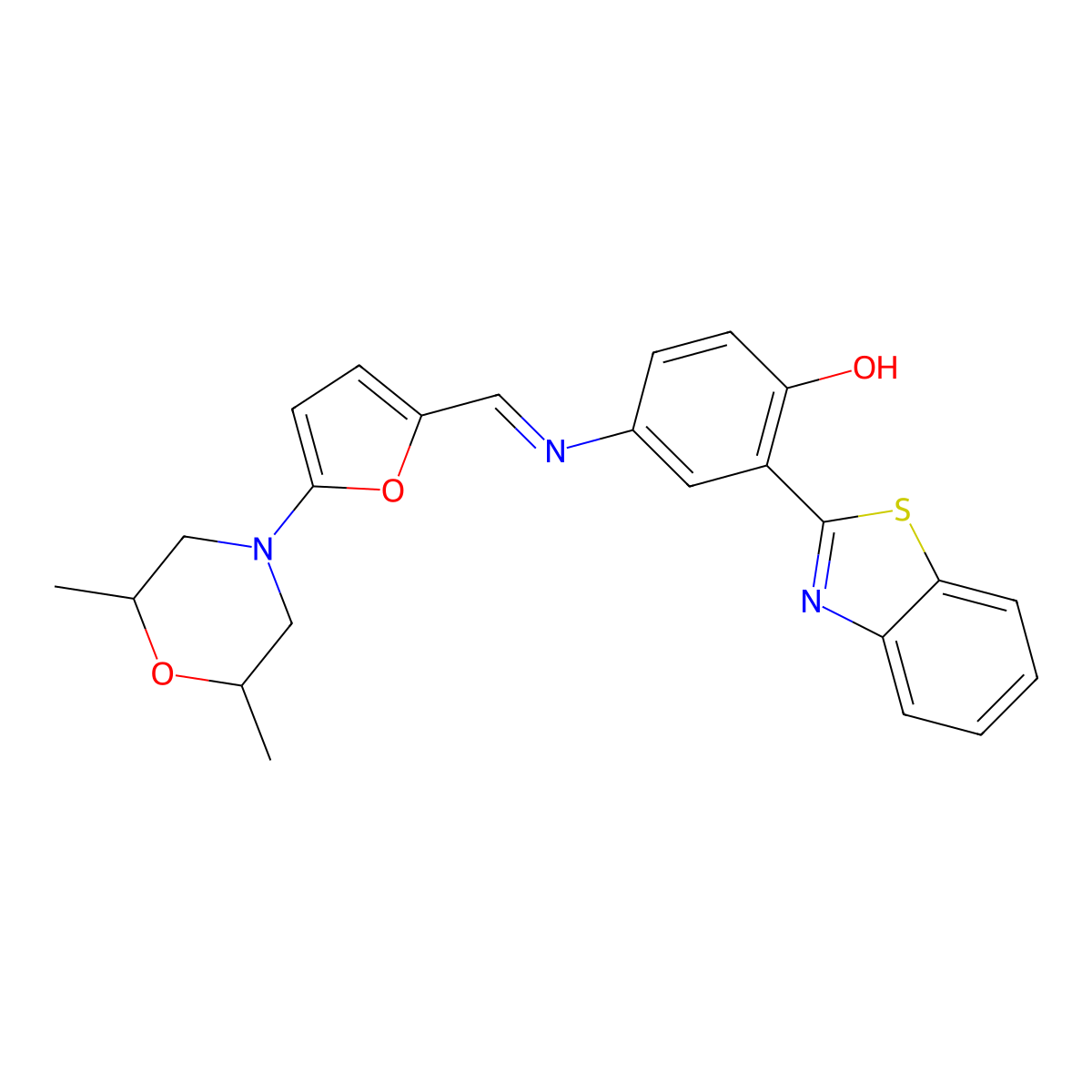 (E)-2-(benzo[d]thiazol-2-yl)-4-(((5-(2,6-dimethylmorpholino)furan-2-yl)methylene)amino)phenol molecular structure, CAS 397288-88-9