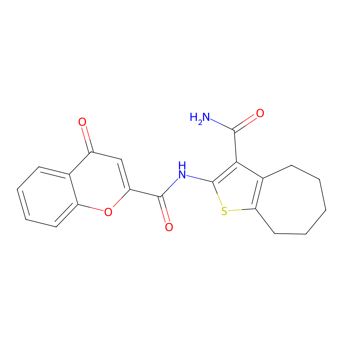 N-(3-carbamoyl-5,6,7,8-tetrahydro-4H-cyclohepta[b]thiophen-2-yl)-4-oxochromene-2-carboxamide molecular structure, CAS 397290-12-9