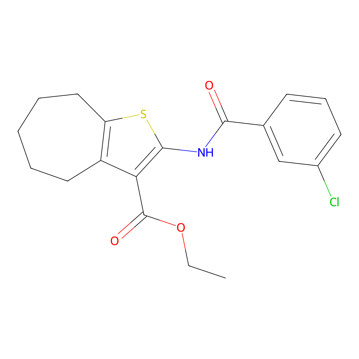 ethyl 2-(3-chlorobenzamido)-5,6,7,8-tetrahydro-4H-cyclohepta[b]thiophene-3-carboxylate molecular structure, CAS 397290-55-0