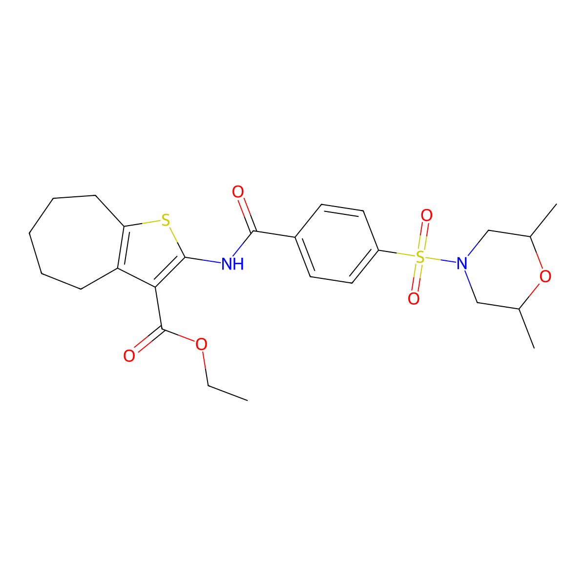 ethyl 2-(4-((2,6-dimethylmorpholino)sulfonyl)benzamido)-5,6,7,8-tetrahydro-4H-cyclohepta[b]thiophene-3-carboxylate molecular structure, CAS 397290-68-5