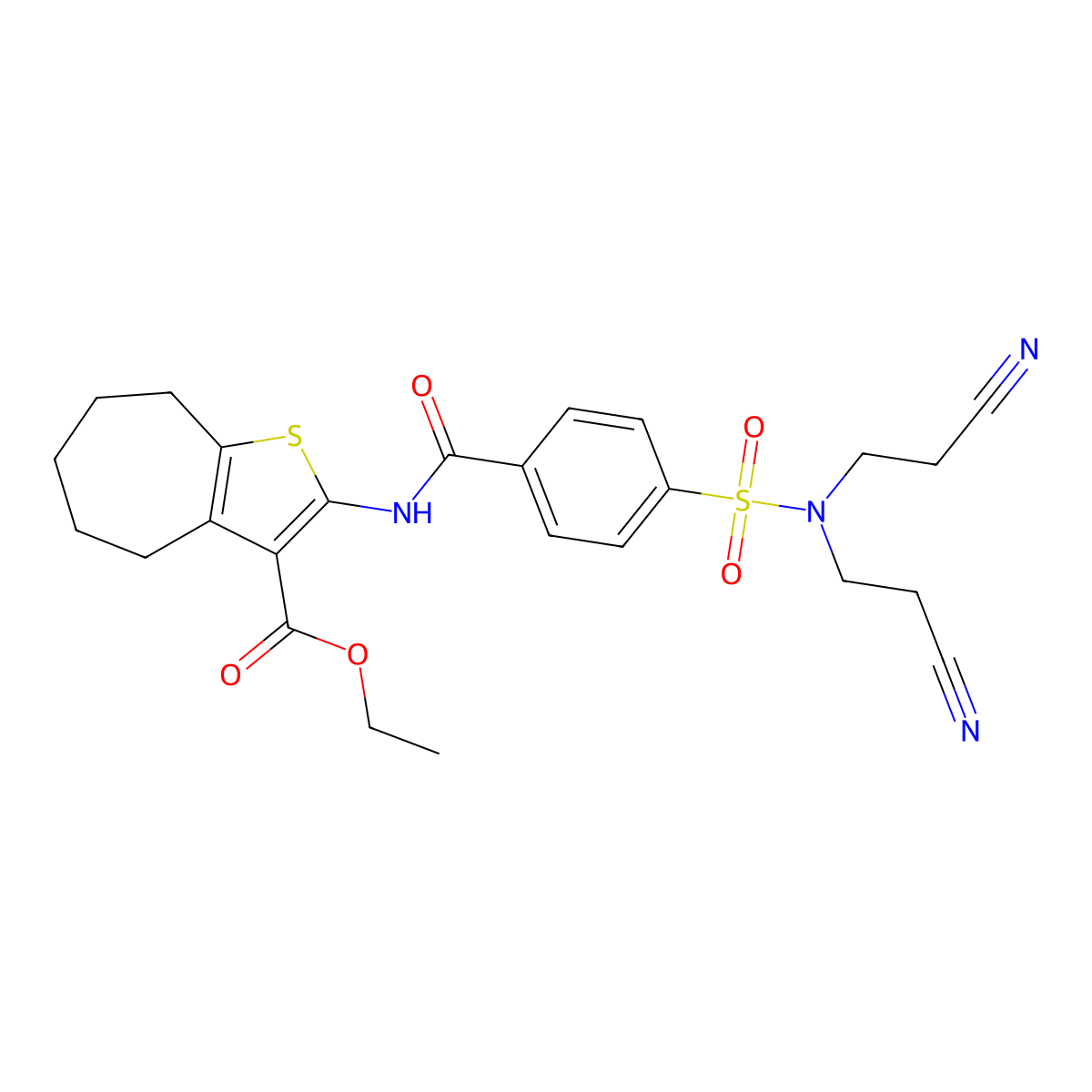 ethyl 2-(4-(N,N-bis(2-cyanoethyl)sulfamoyl)benzamido)-5,6,7,8-tetrahydro-4H-cyclohepta[b]thiophene-3-carboxylate molecular structure, CAS 397290-69-6