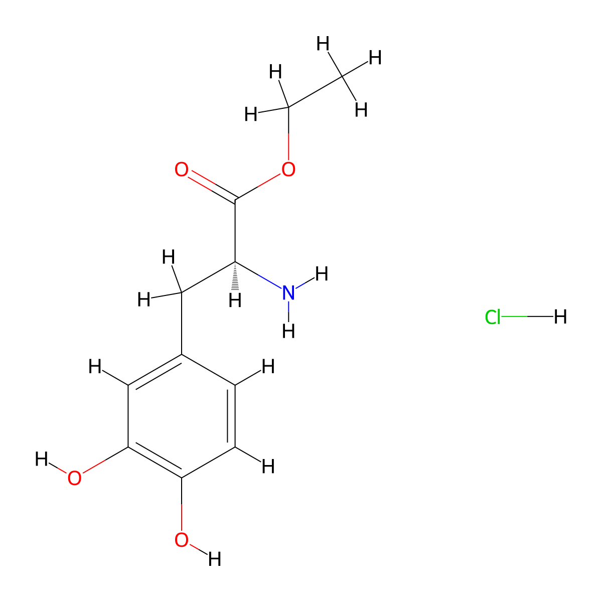 ethyl (2S)-2-amino-3-(3,4-dihydroxyphenyl)propanoate hydrochloride molecular structure, CAS 39740-30-2