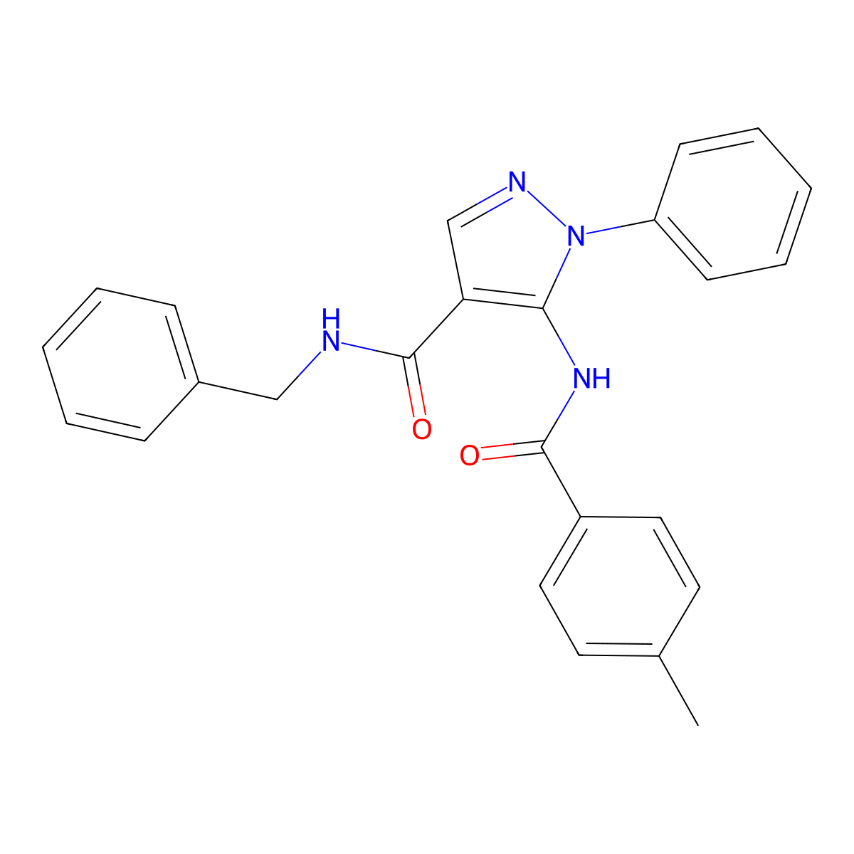N-benzyl-5-[(4-methylbenzoyl)amino]-1-phenylpyrazole-4-carboxamide molecular structure, CAS 397853-31-5