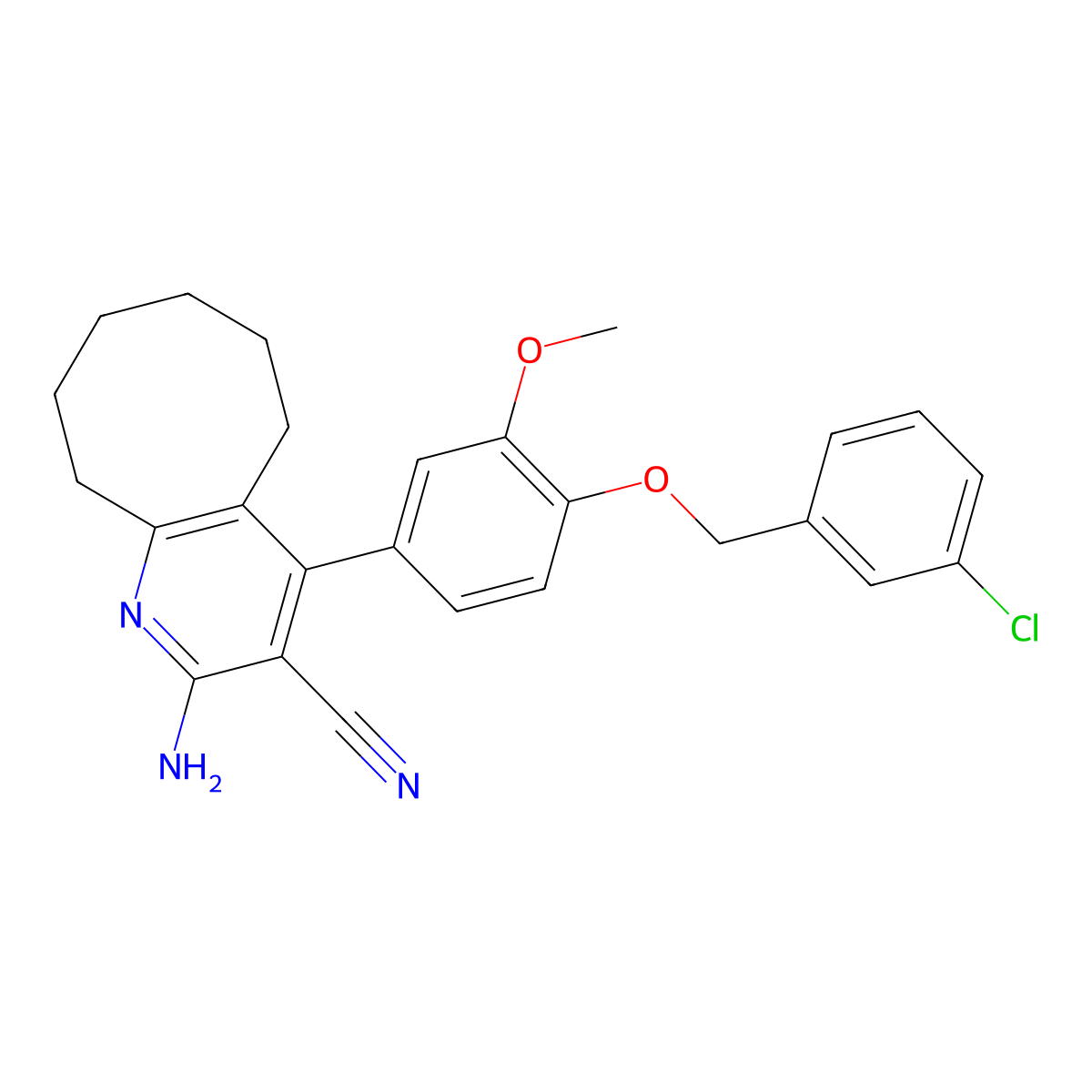 2-Amino-4-{4-[(3-chlorobenzyl)oxy]-3-methoxyphenyl}-5,6,7,8,9,10-hexahydrocycloocta[b]pyridine-3-carbonitrile molecular structure, CAS 397874-97-4
