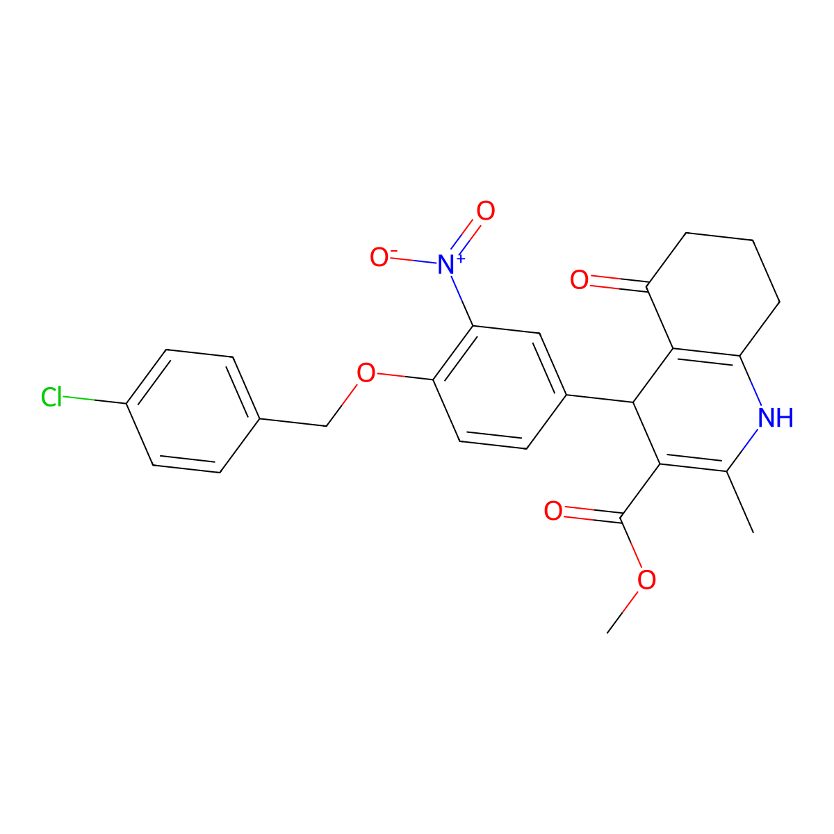 Methyl 4-{4-[(4-chlorobenzyl)oxy]-3-nitrophenyl}-2-methyl-5-oxo-1,4,5,6,7,8-hexahydro-3-quinolinecarboxylate molecular structure, CAS 397875-26-2